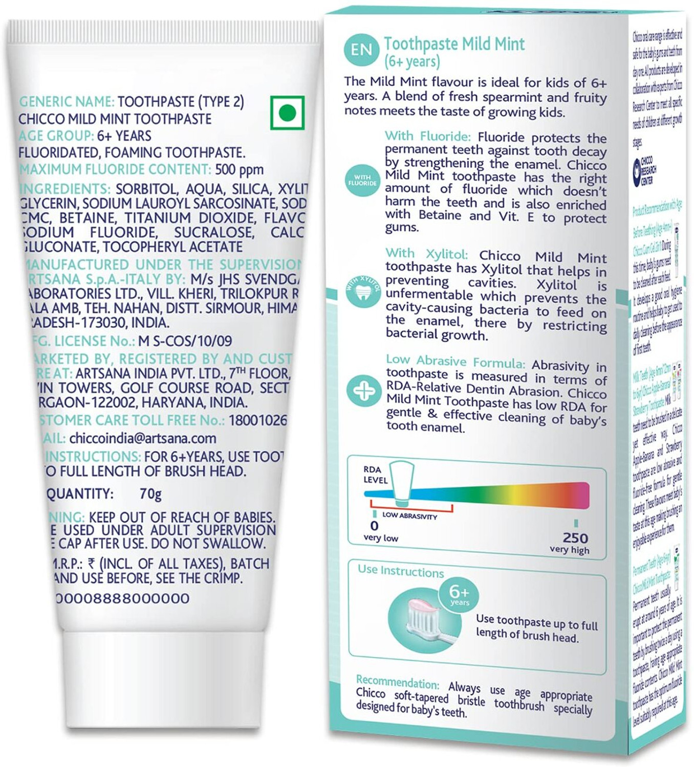 Image of Chicco Mild Mint Flavour 6Y+ Kids, Preservative Free Toothpaste (70 g)