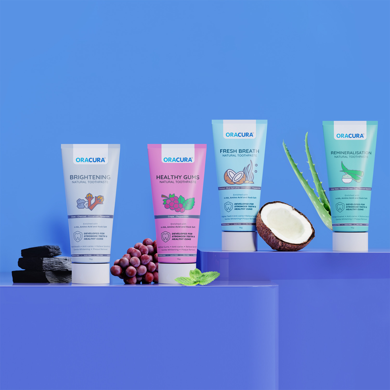 Image of ORACURA Natural Toothpaste for Healthy Gums (Aloe vera+Coconut+Charcoal+Grape) Toothpaste