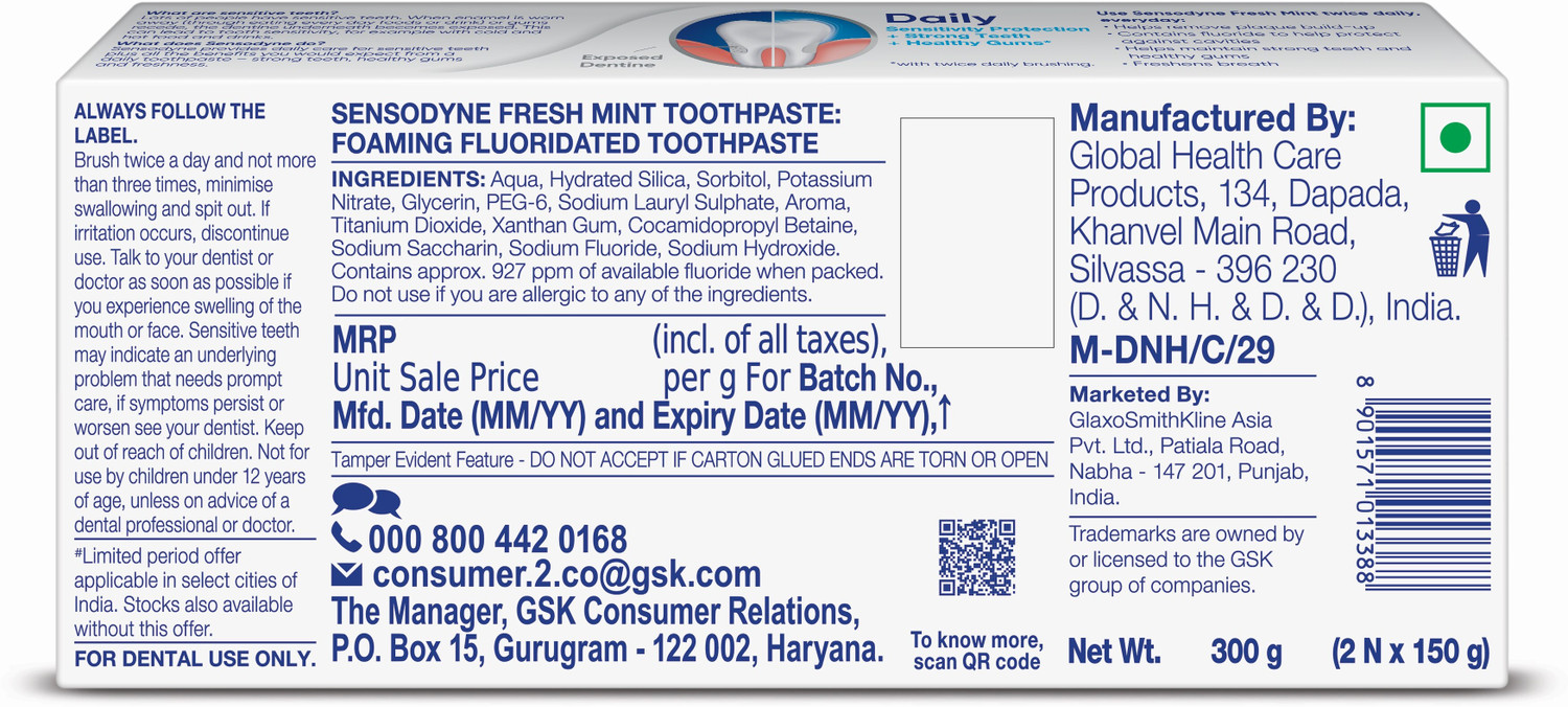 Image of SENSODYNE Fresh Mint 150g x 2 Value Pack (Save Rs 50) Toothpaste