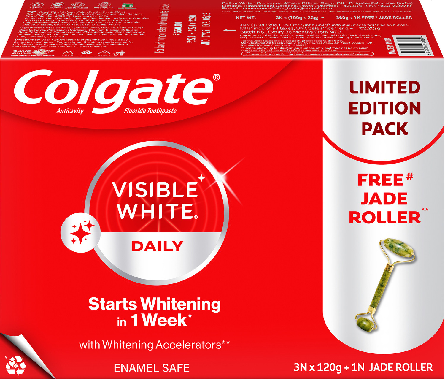 Image of Colgate Visible White Teeth Whitening Toothpaste, 360g, 120g X 3 and Jade Roller Toothpaste