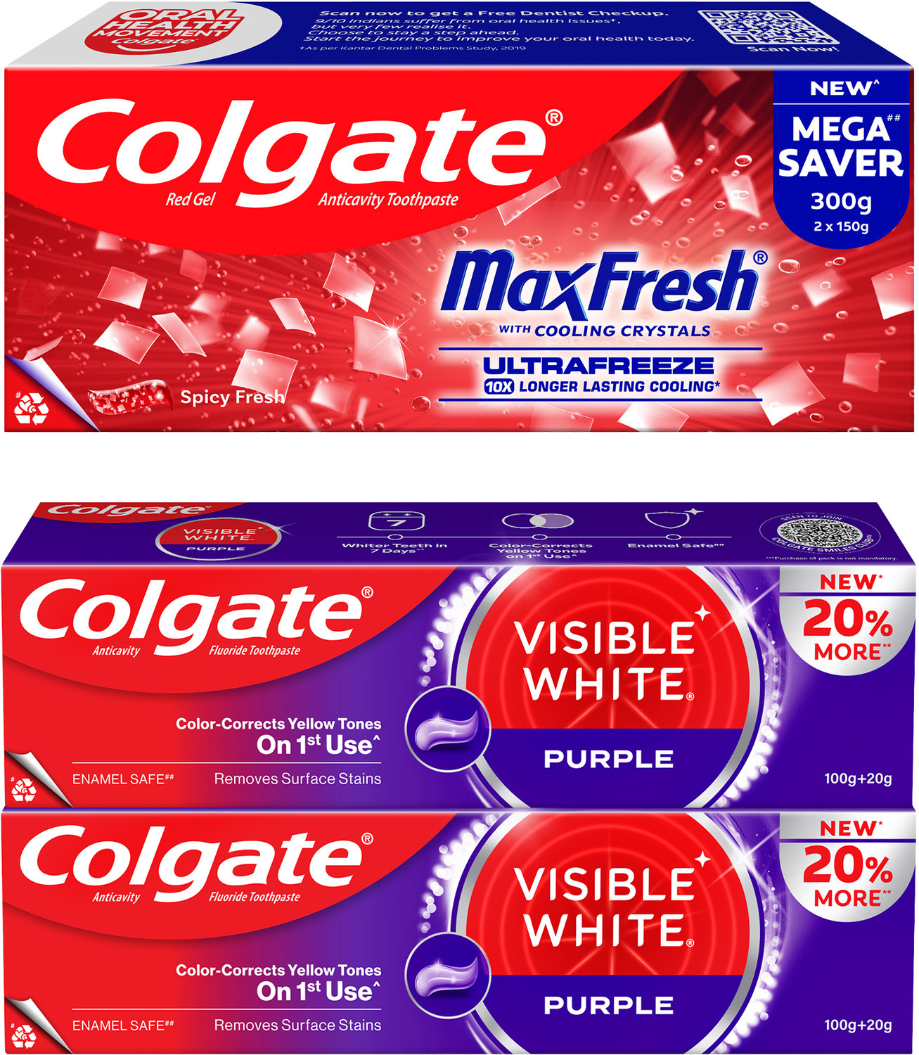 Image of Colgate MaxFresh Toothpaste, Red Gel Tooth Paste & Visible White Purple Toothpaste Toothpaste