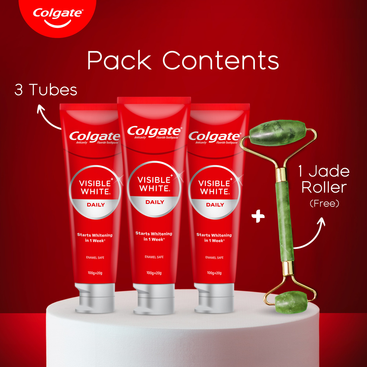 Image of Colgate Visible White Teeth Whitening Toothpaste, 360g, 120g X 3 and Jade Roller Toothpaste