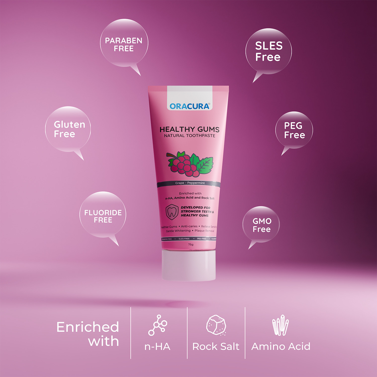 Image of ORACURA Natural Toothpaste for Healthy Gums (Aloe vera+Coconut+Charcoal+Grape) Toothpaste
