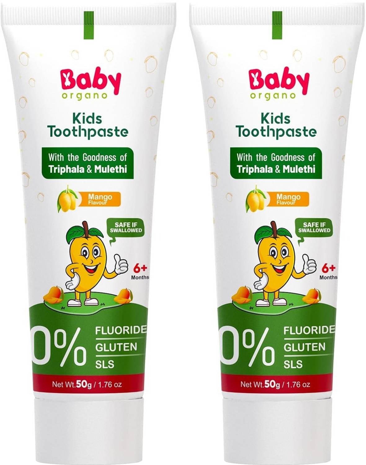 BabyOrgano Kids Ayurvedic Toothpaste Mango Babool Mulethi Fluoride Free 50g x2 Toothpaste
