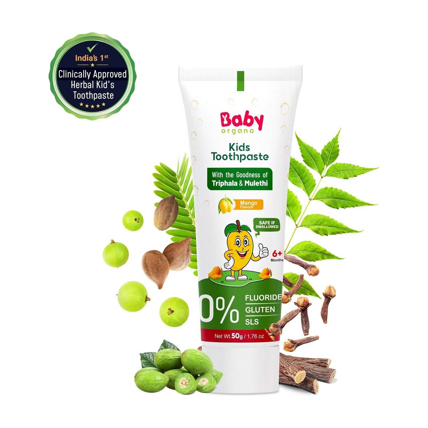 BabyOrgano Mango Flavor Baby Toothpaste 1-5 Yrs, Fluoride & SLS Free, Prevents Cavities Toothpaste