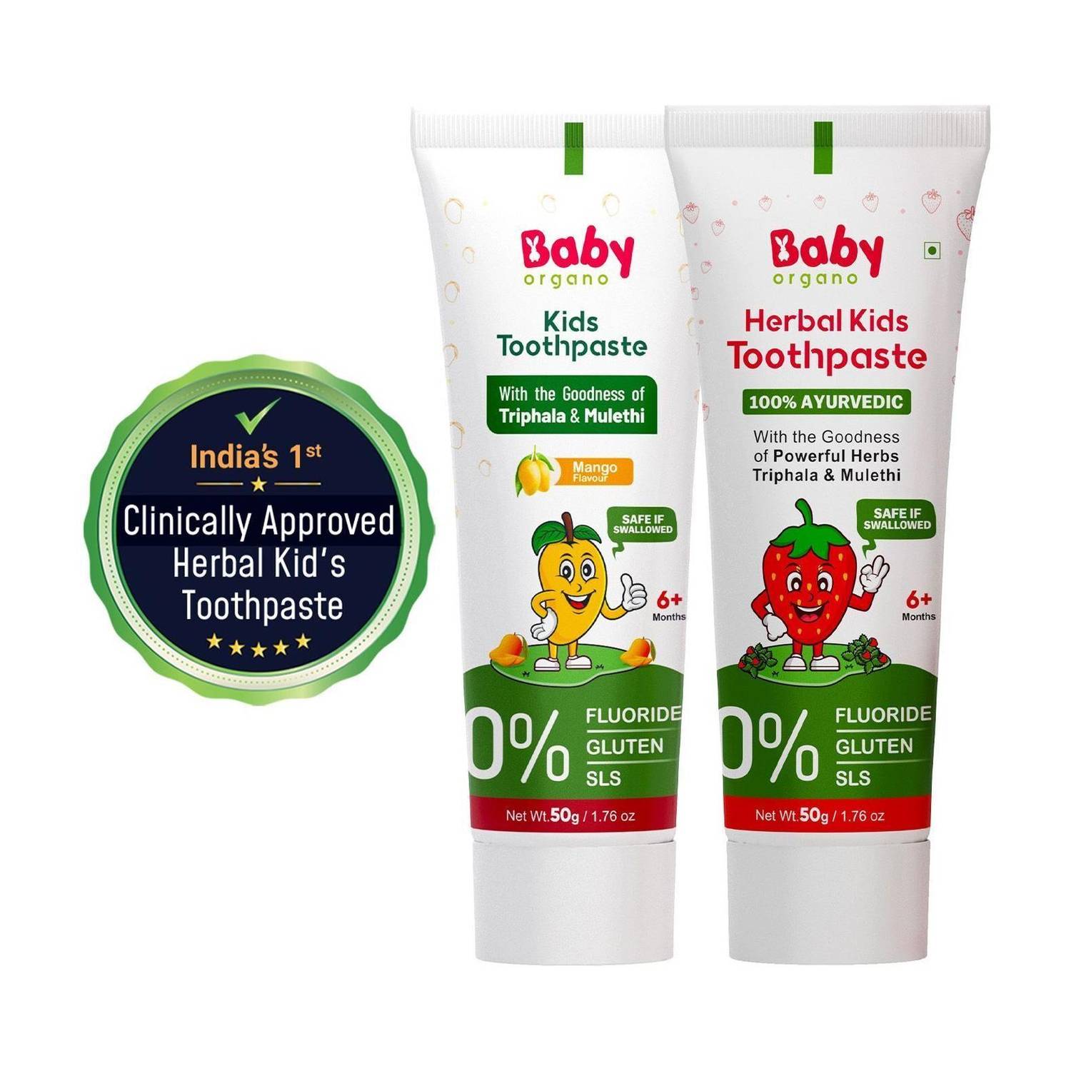 BabyOrgano Kids Toothpaste Combo (6+M) Strawberry & Mango, Fluoride-Free, 50gm Each Toothpaste