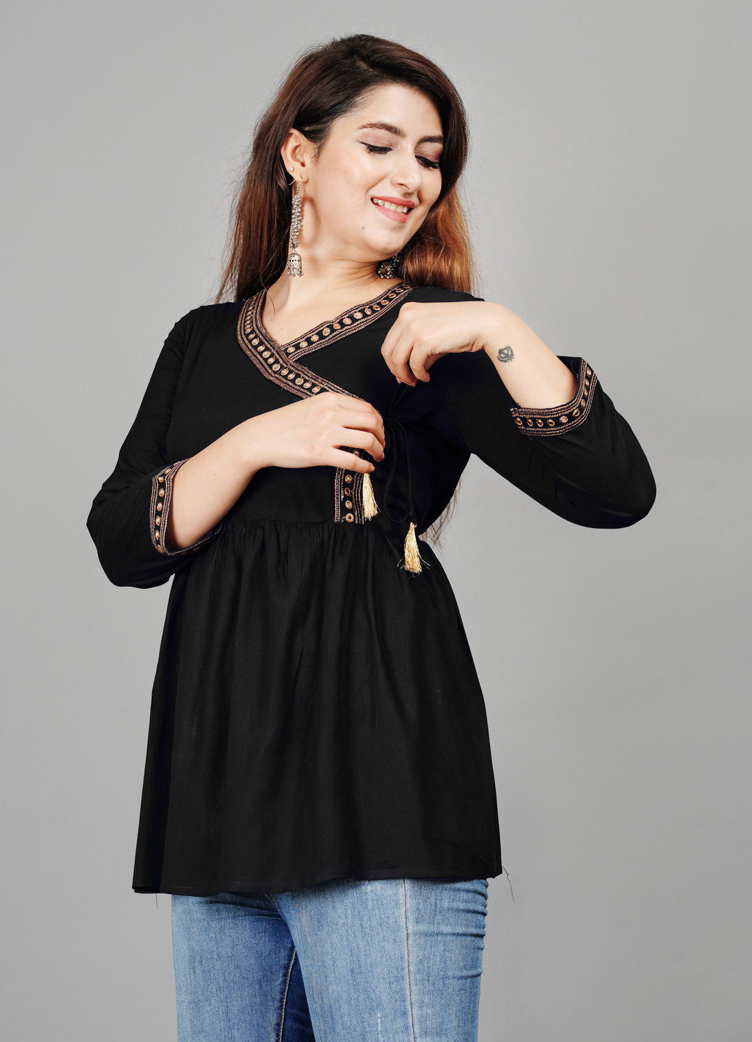 Image of Angarkha Casual Embroidered Women Black Top