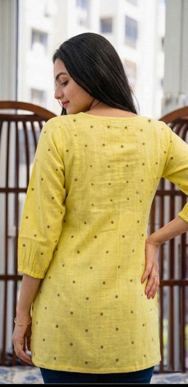 Image of RR SA KURTIS Casual 3 /4 Sleeve Embroidered, Polka Print Women Yellow Top
