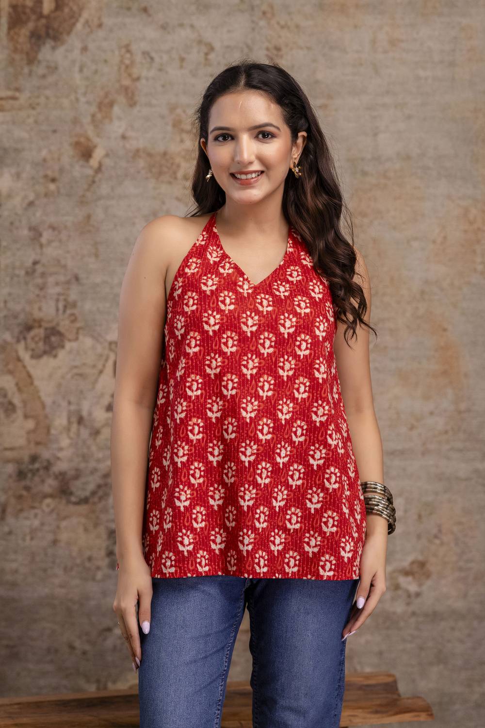 flipFabric Casual Sleeveless Floral Print Women Red Top