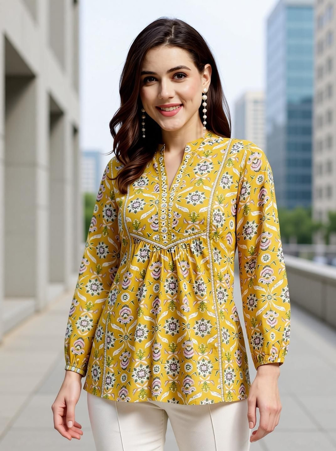 Image of DORIYA Casual Floral Print Women Yellow Top