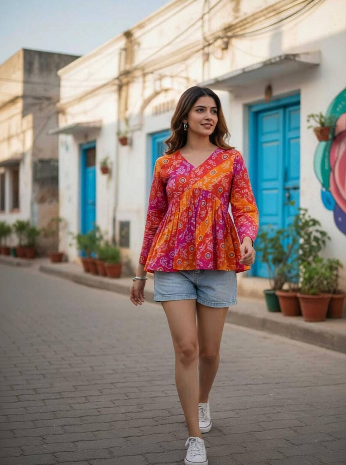 BLEVY Casual Floral Print Women Orange, Pink Top