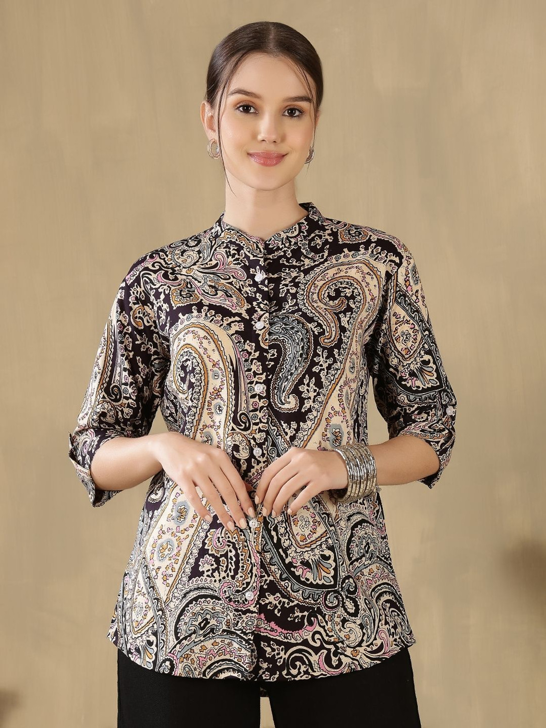 Image of FebQ Casual Printed Women Black Top
