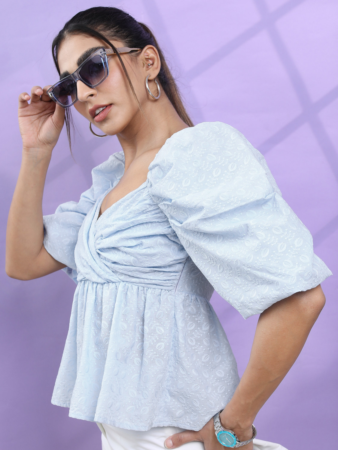 Image of Tokyo Talkies Casual Self Design Women Blue Top