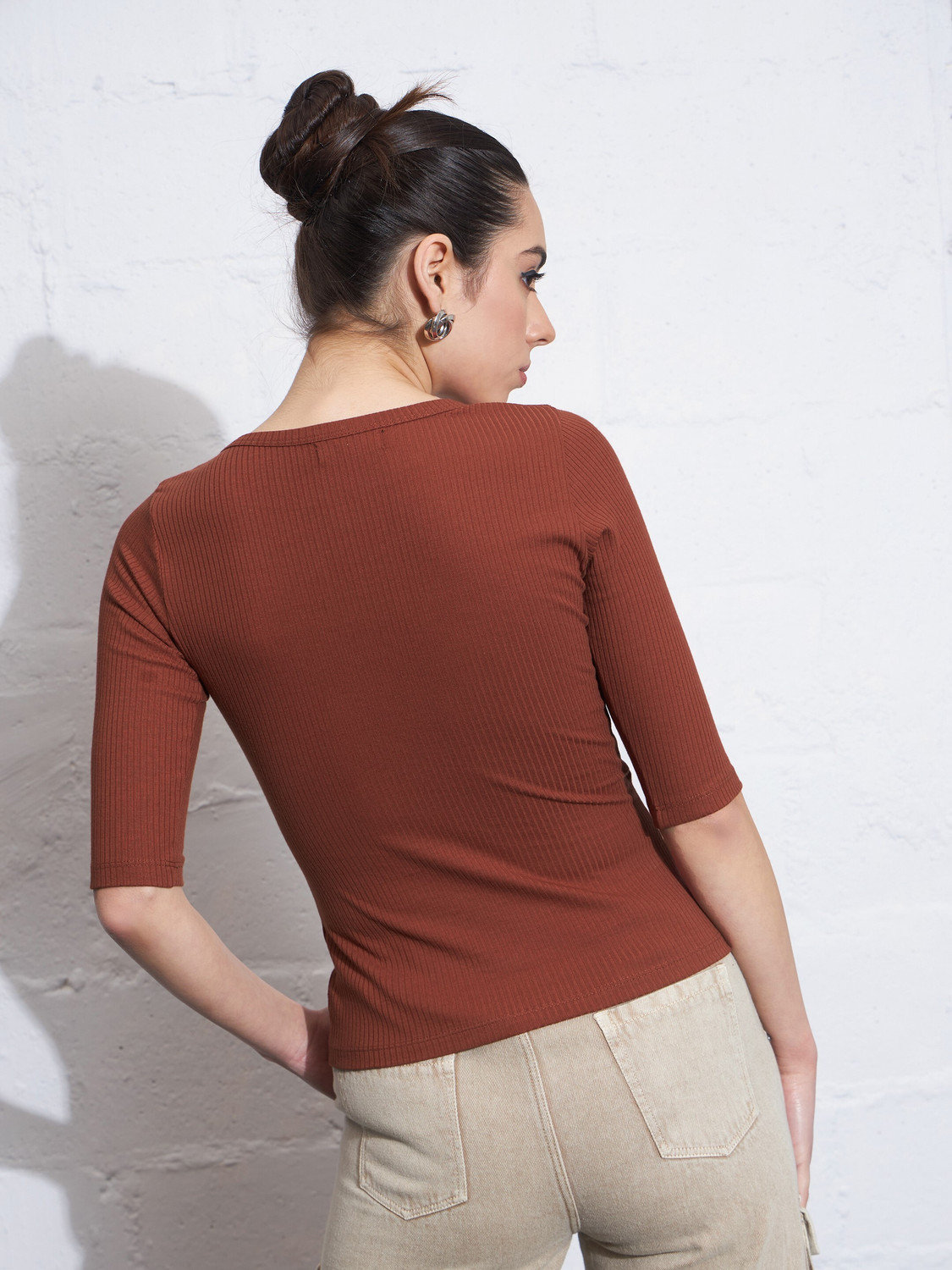Image of SASSAFRAS Casual Regular Sleeves Self Design Women Brown Top