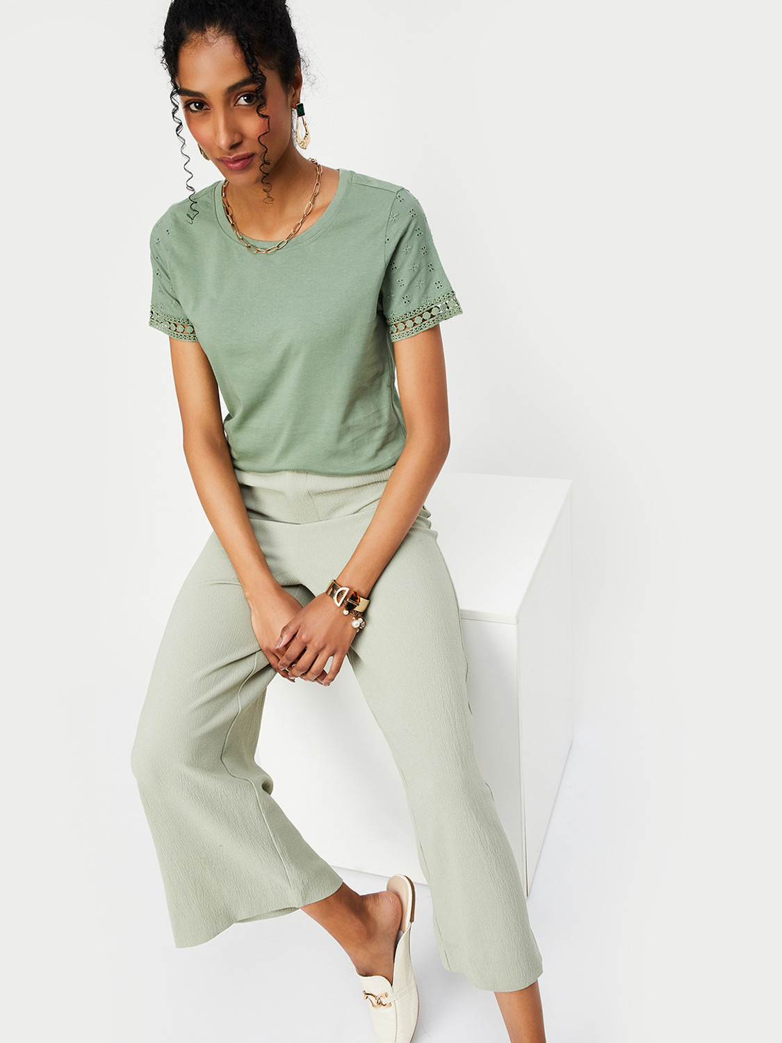 Image of MAX Casual Self Design Women Green Top
