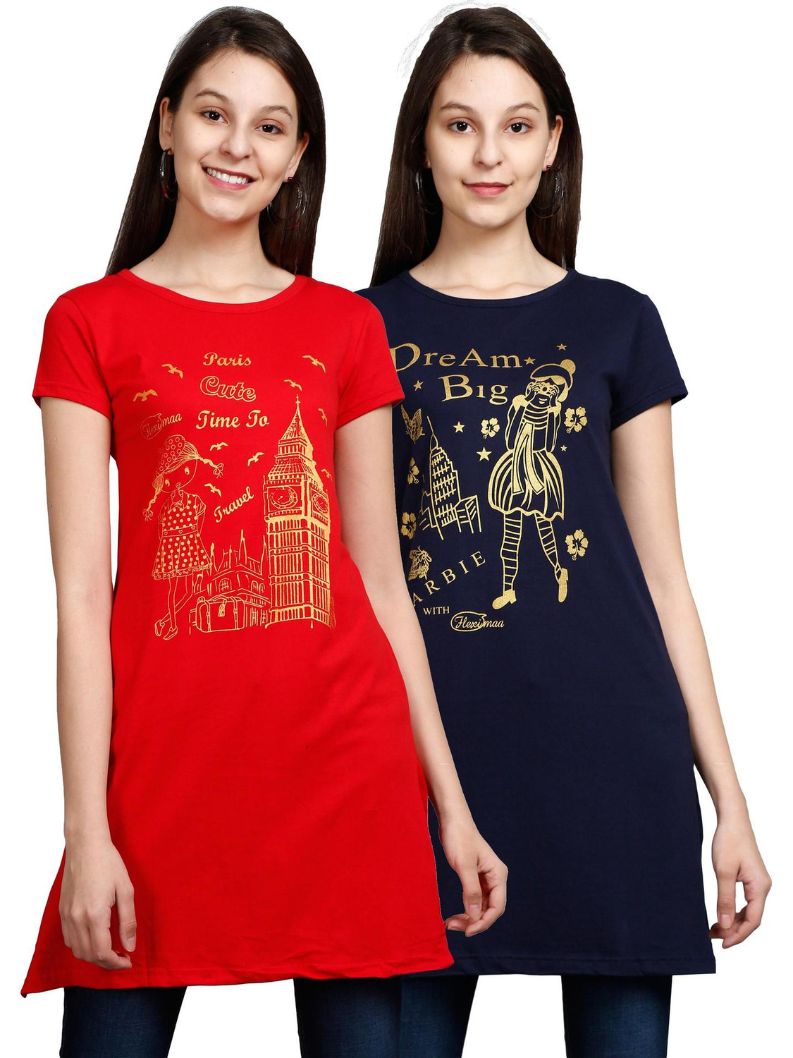 Image of Fleximaa Casual Short Sleeve Printed Women Dark Blue, Red Top