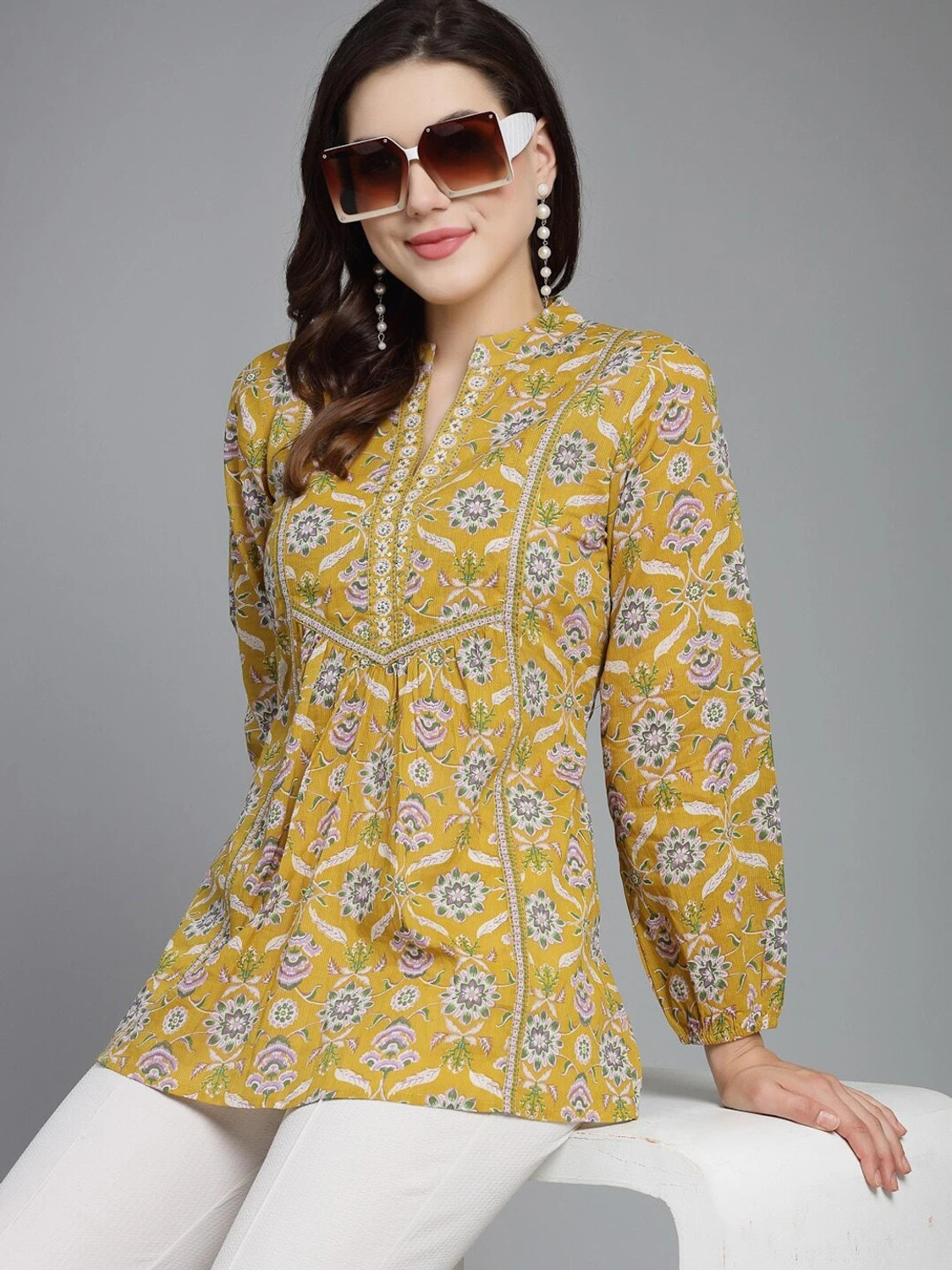 Image of DORIYA Casual Floral Print Women Yellow Top