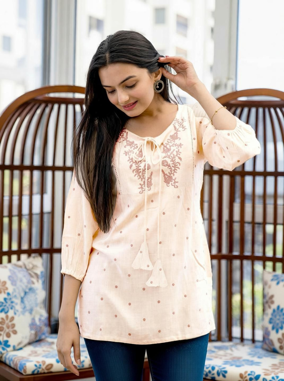 Image of RR SA KURTIS Party Embroidered Women Beige Top