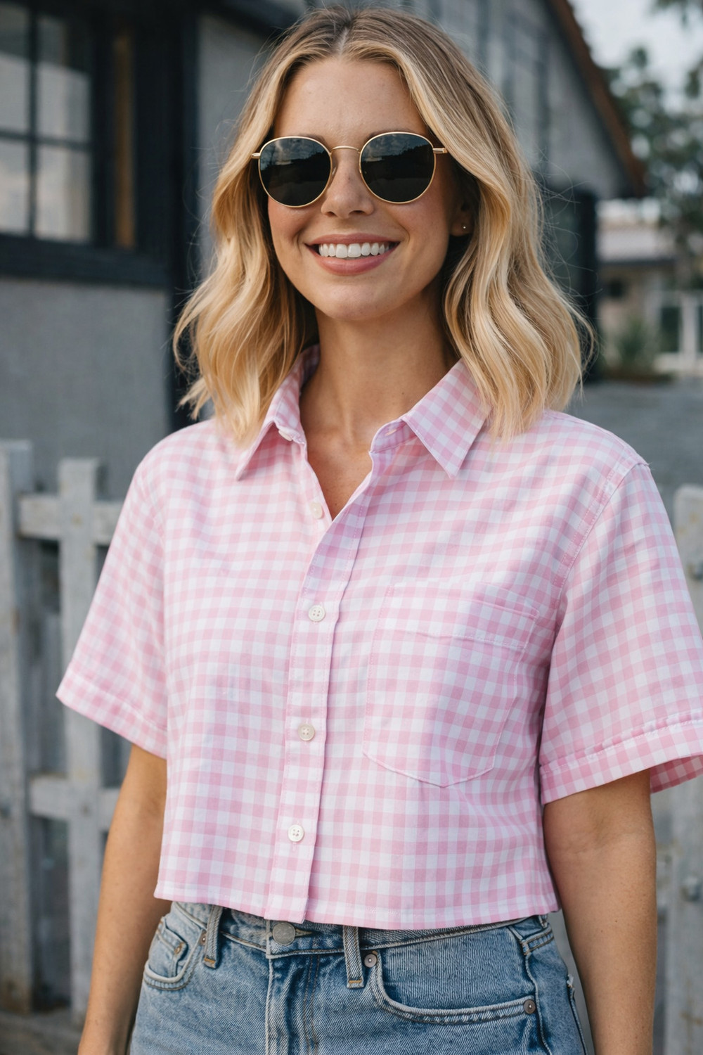 Image of AMPK Casual Checkered Women Pink Top