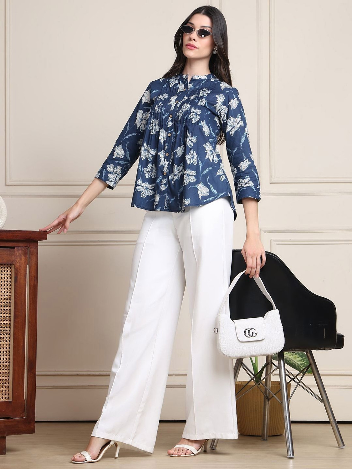 Image of WESTETHNIC Casual Floral Print Women Blue Top