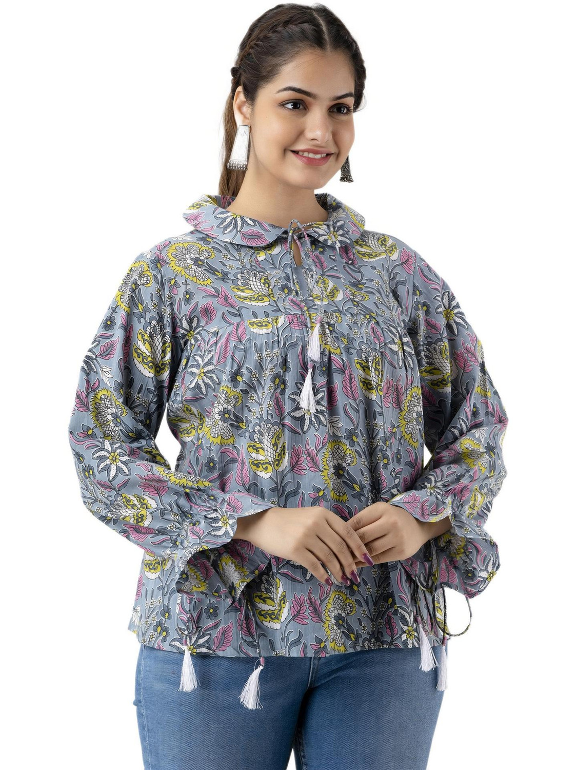 Image of DMP EXPORT Party Floral Print Women Grey Top