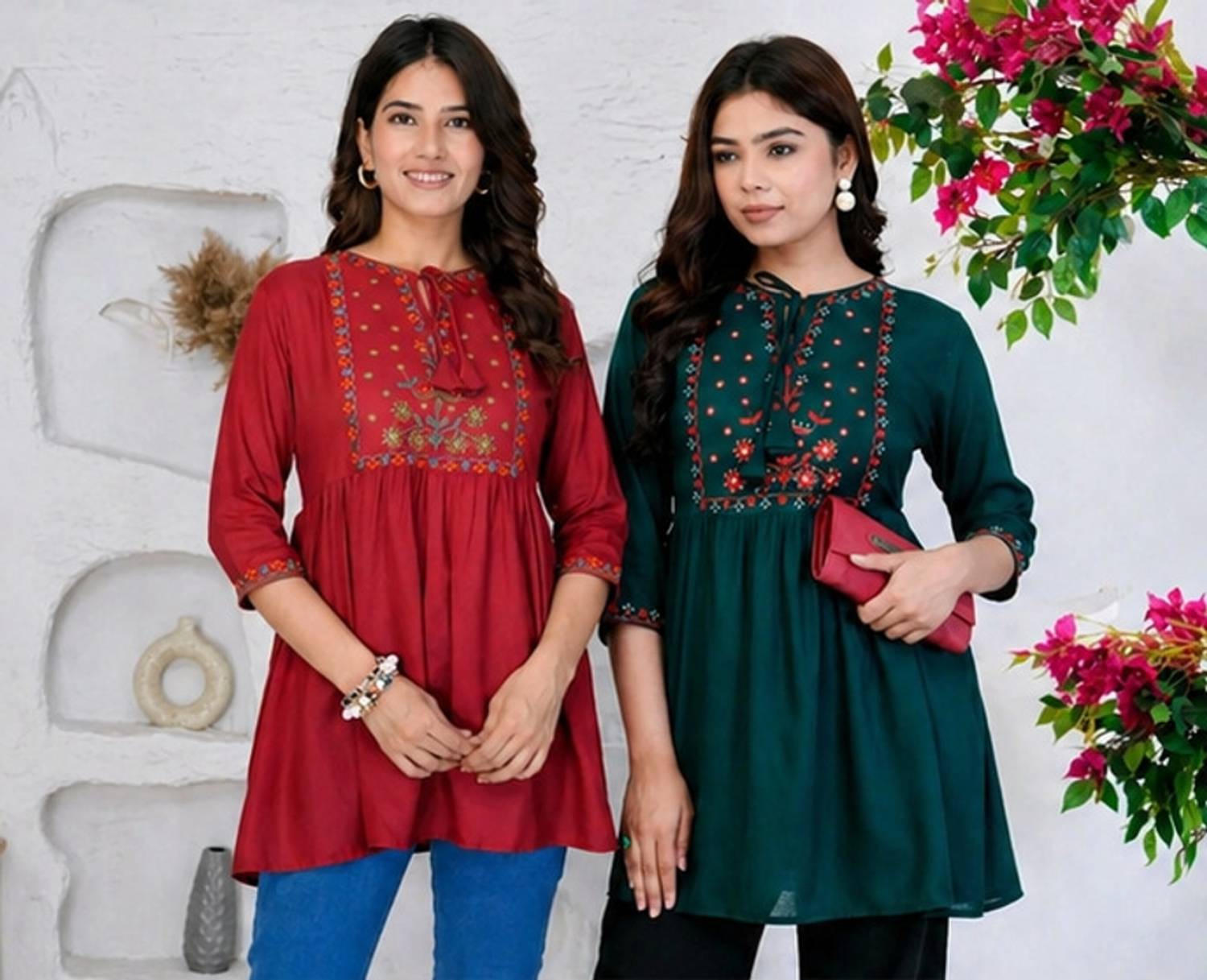 Aalso Casual Embroidered Women Dark Green, Red Top