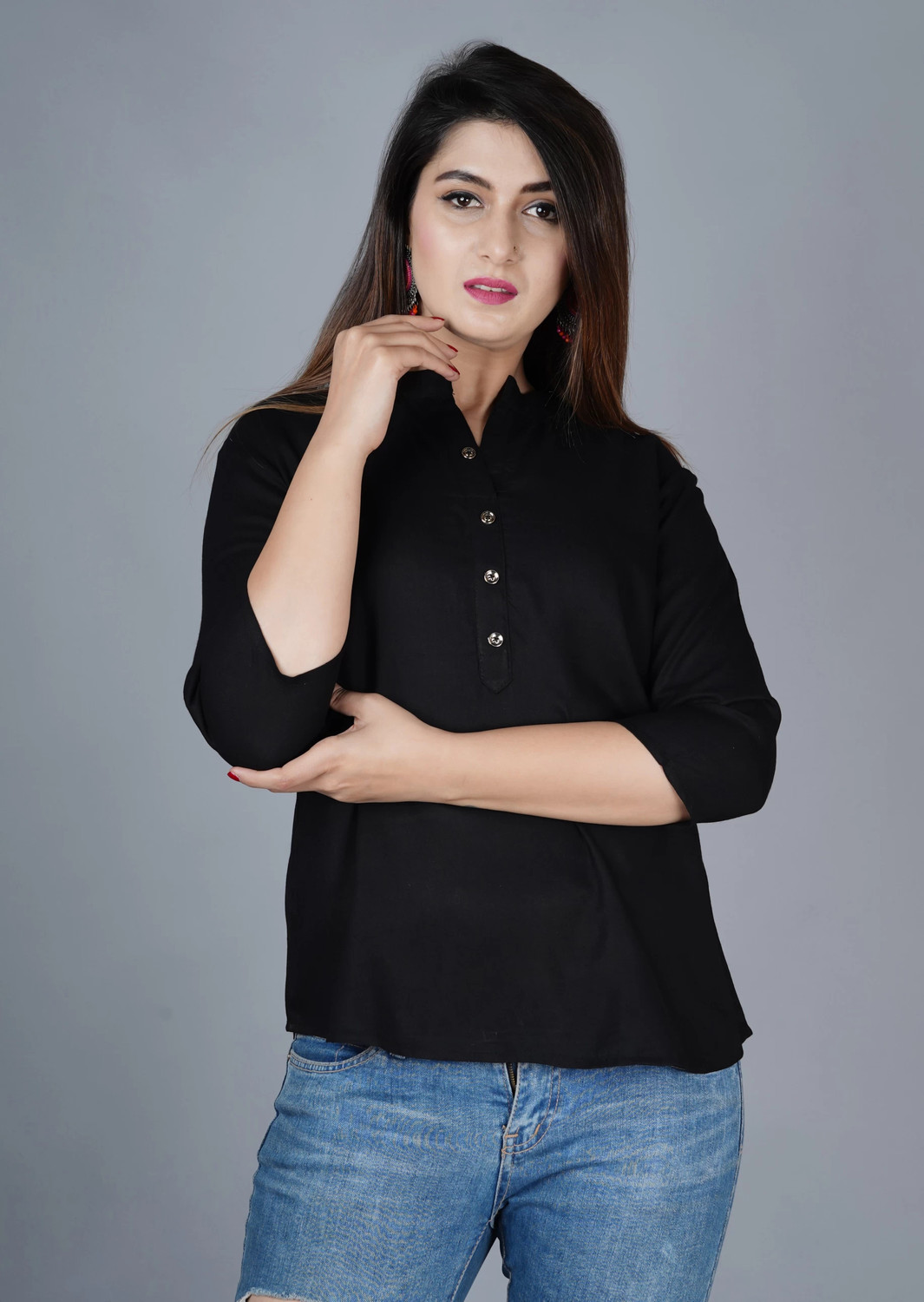 Image of DUHARIYA Casual Solid Women Black Top