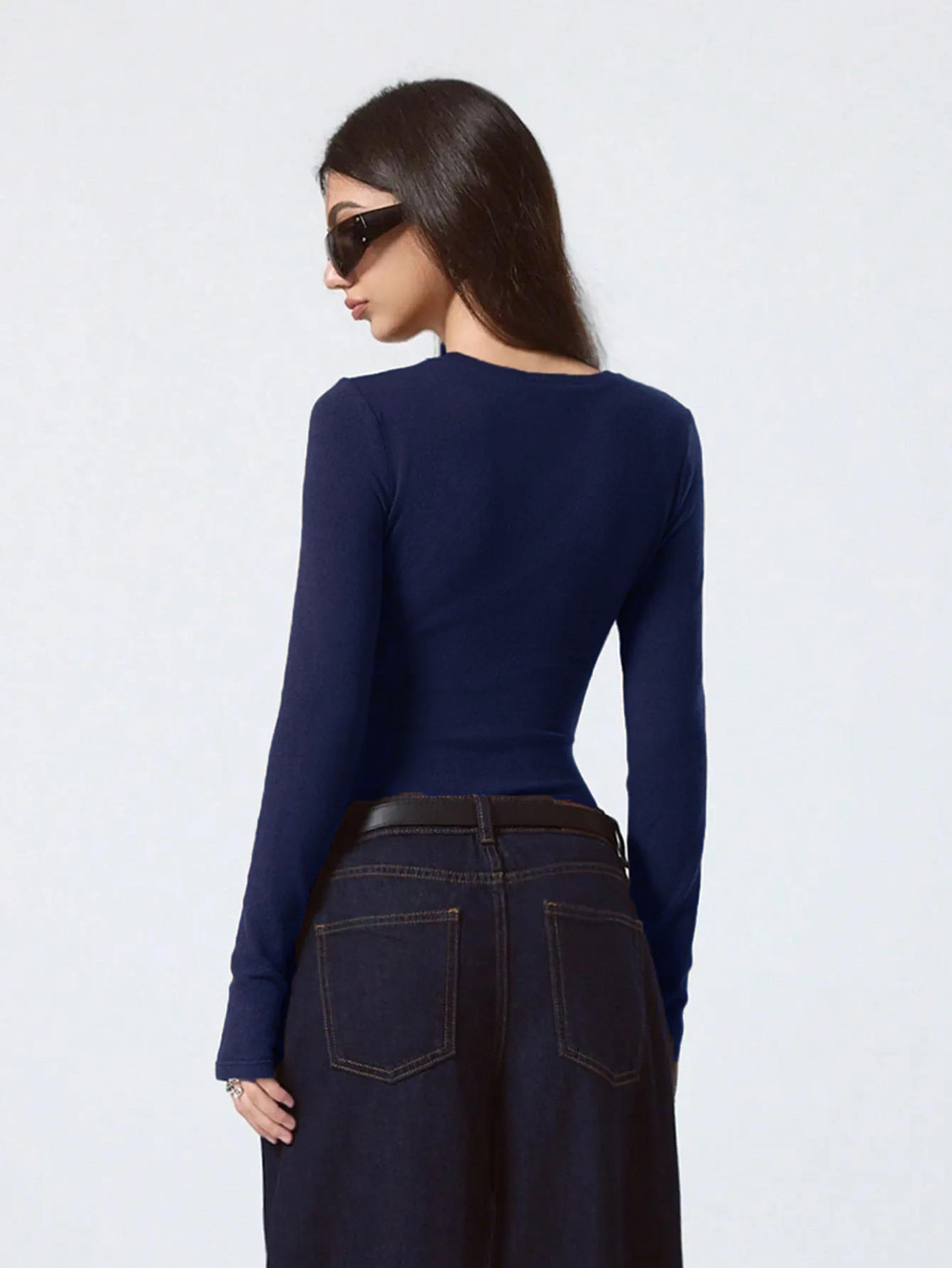 Image of KOTTY Solid Women Round Neck Navy Blue T-Shirt