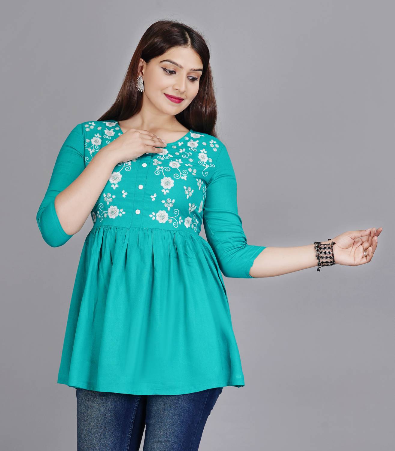 bodhaa Casual Embroidered Women Light Green Top