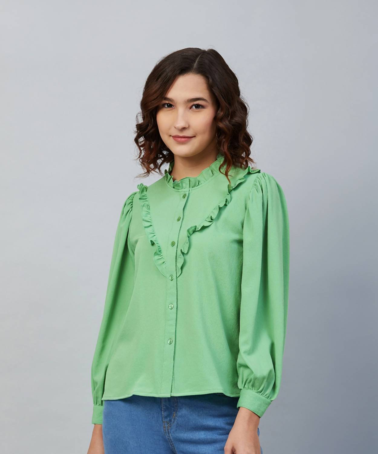 CARLTON LONDON Casual 3/4 Sleeve Solid Women Green Top