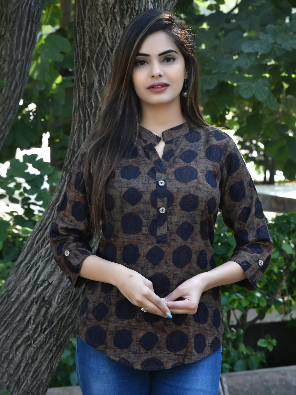 Image of FANCIFY Casual Striped Women Brown, Blue Top