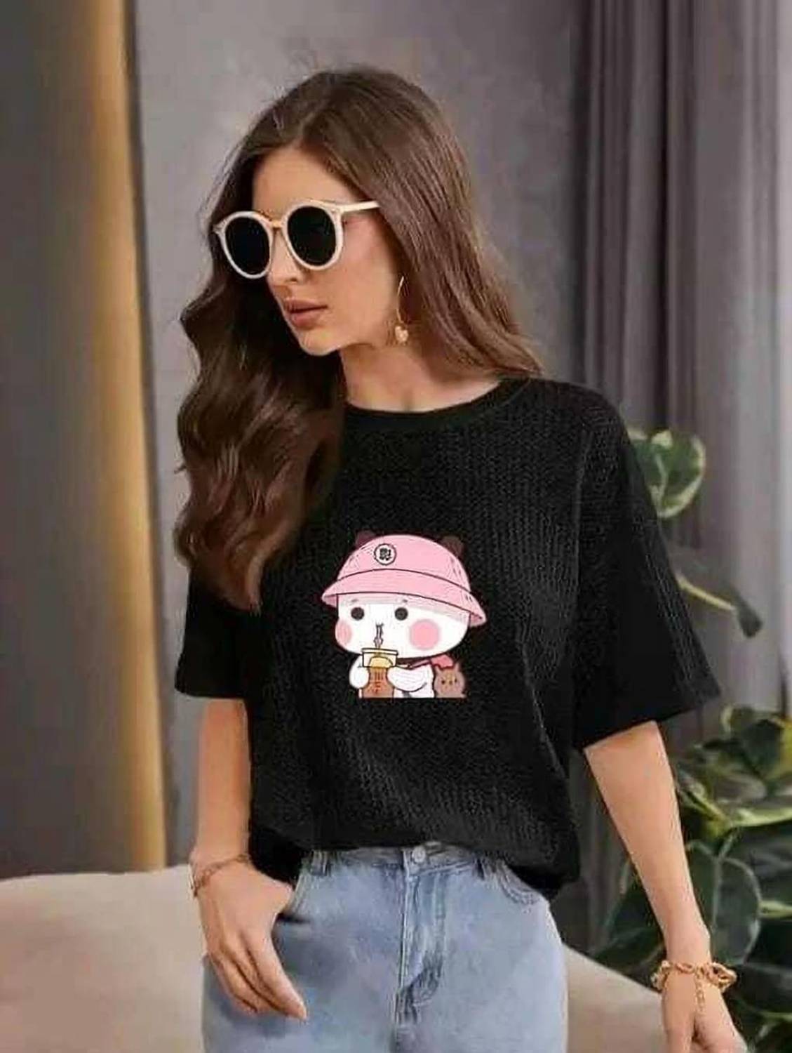 2013 USK COLLECTION Casual Printed, Self Design Women Black Top