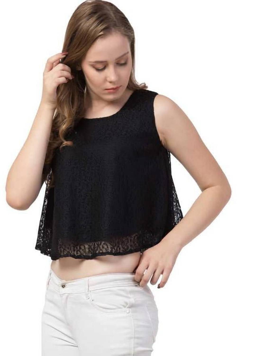 ADDICTED ATTIRE Casual Sleeveless Lace Women Black Top