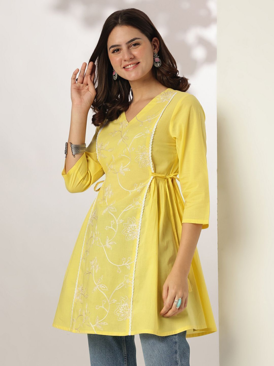 Image of Janasya Casual Embroidered Women Yellow Top