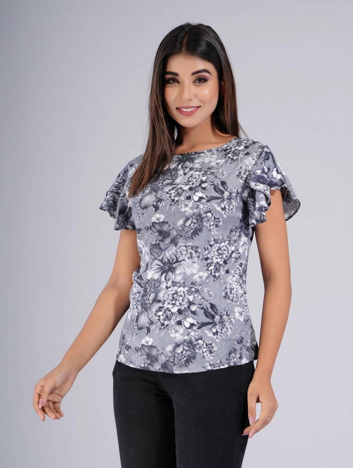 Bachuu Casual Floral Print, Printed Women Grey Top