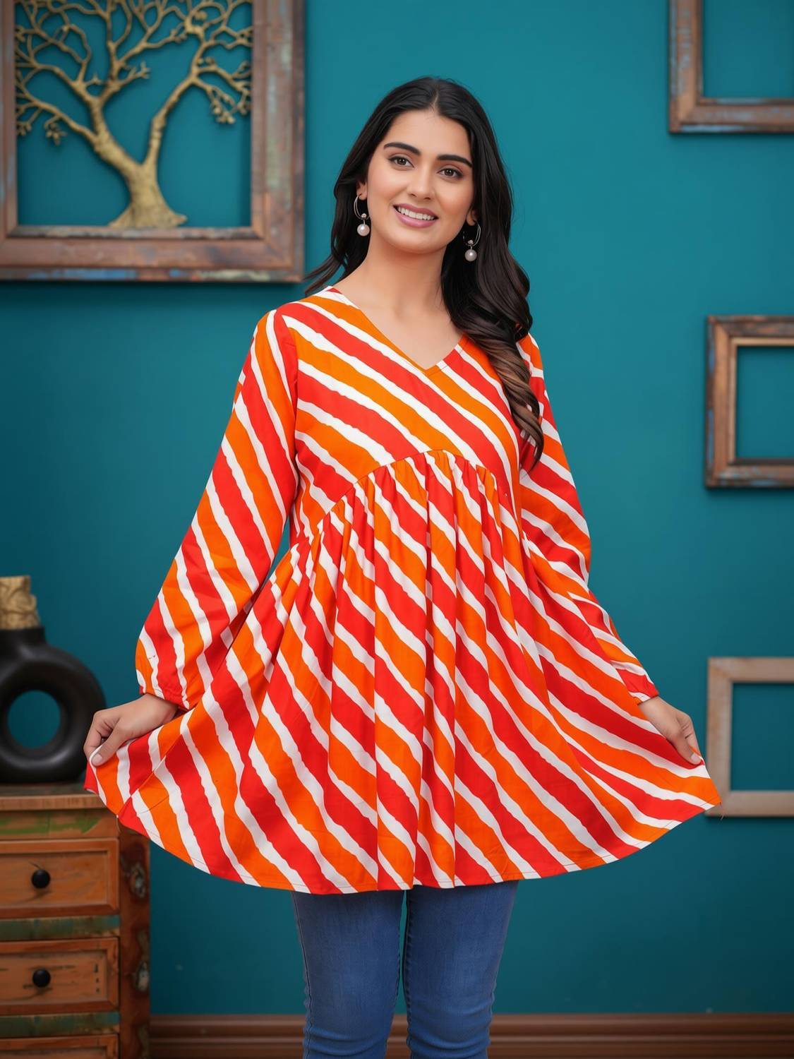 BLEVY Casual Striped Women Orange Top