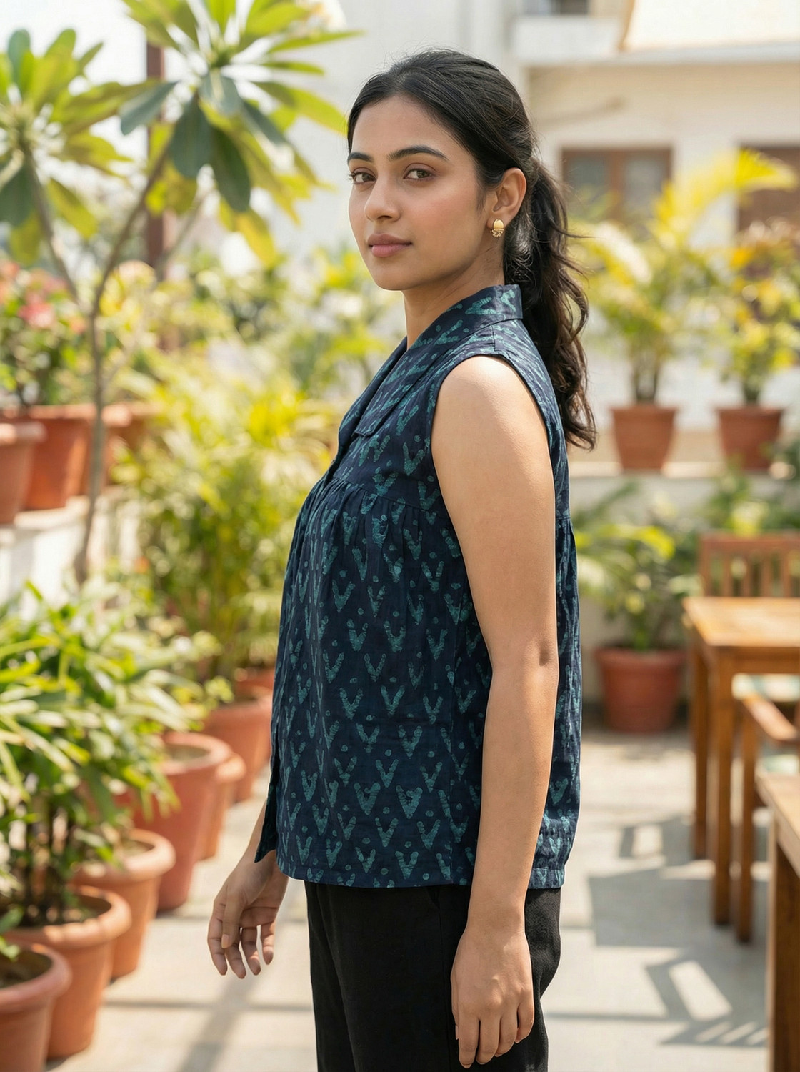 Image of Roses N Chic Casual Geometric Print Women Light Blue Top