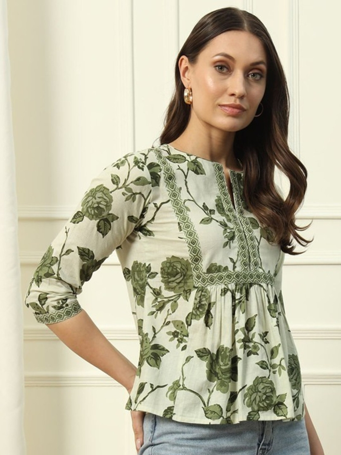 Image of WESTETHNIC Casual Floral Print Women Light Green Top