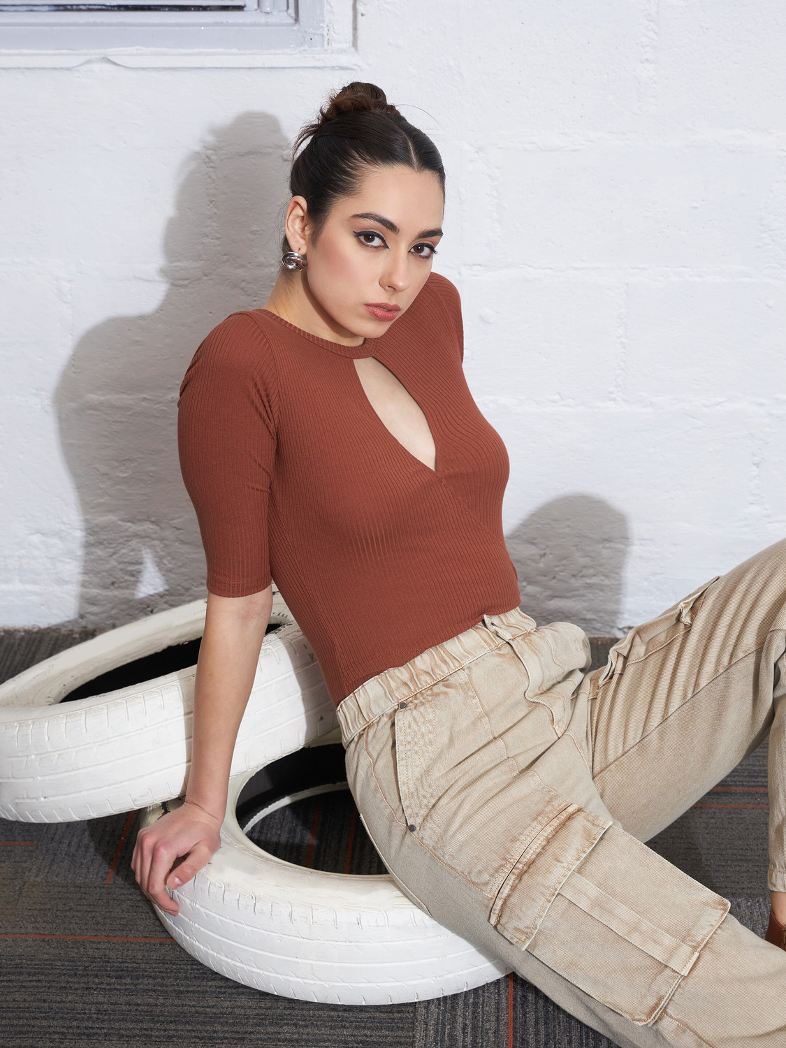 Image of SASSAFRAS Casual Regular Sleeves Self Design Women Brown Top