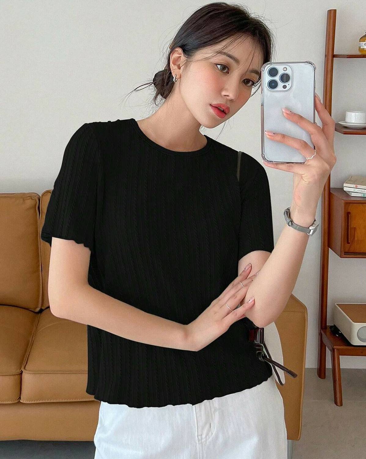 1stLov Casual Solid Women Black Top