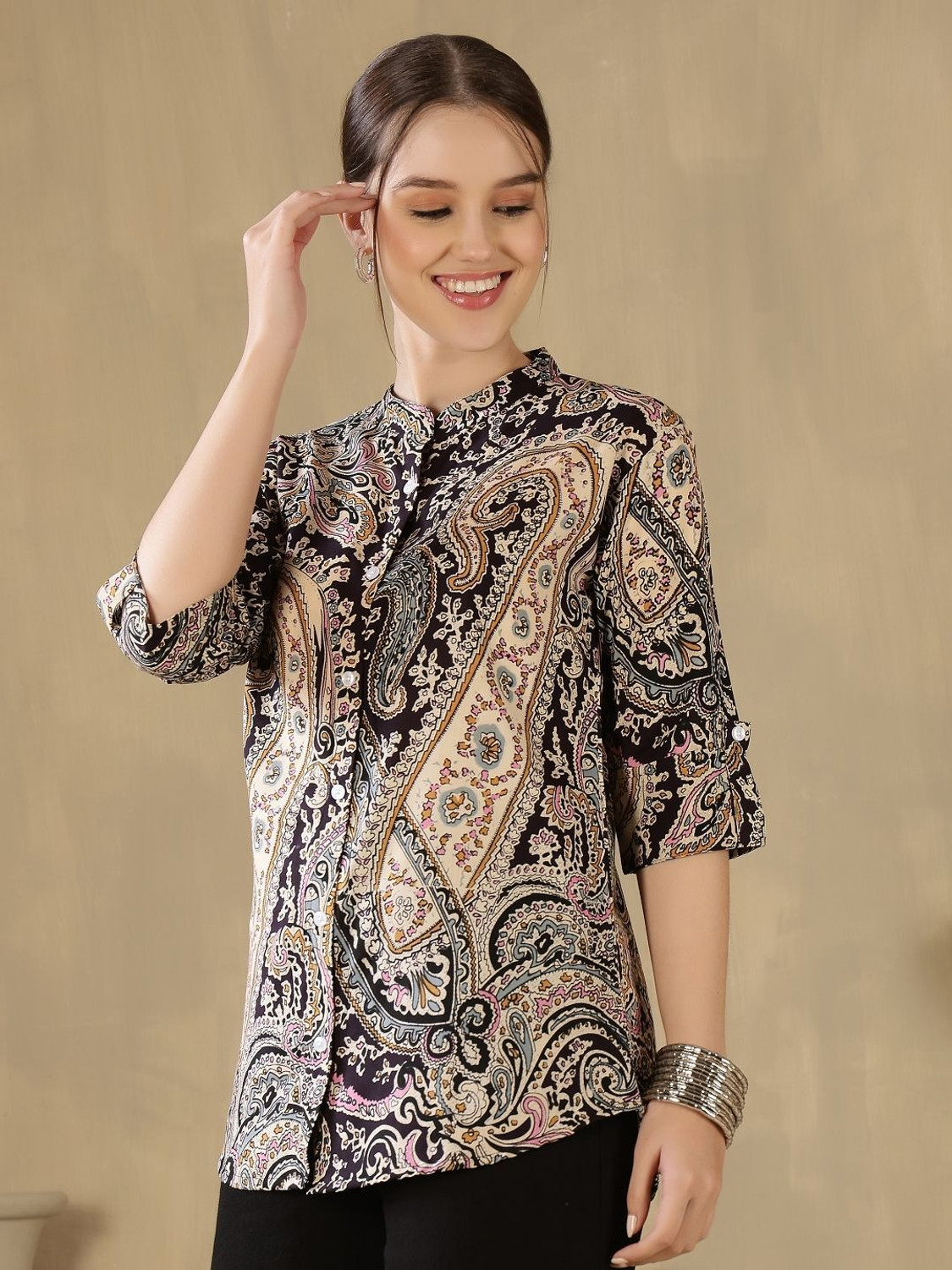 Image of FebQ Casual Printed Women Black Top