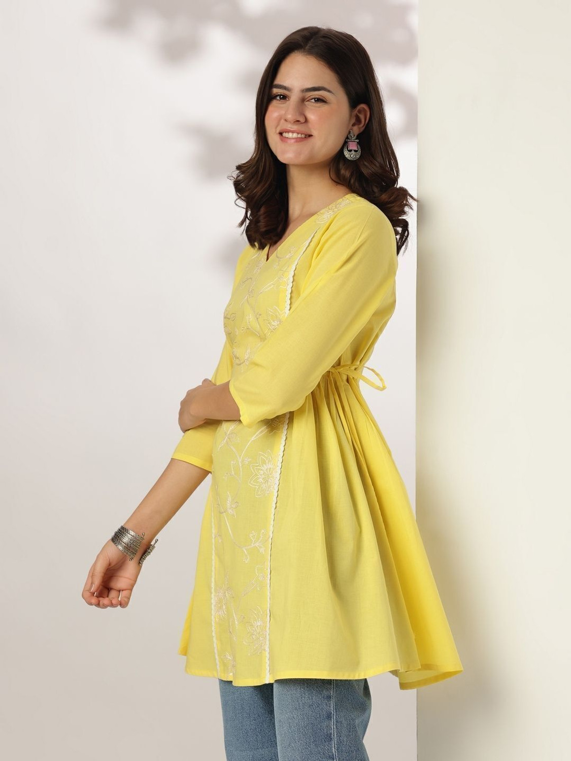 Image of Janasya Casual Embroidered Women Yellow Top