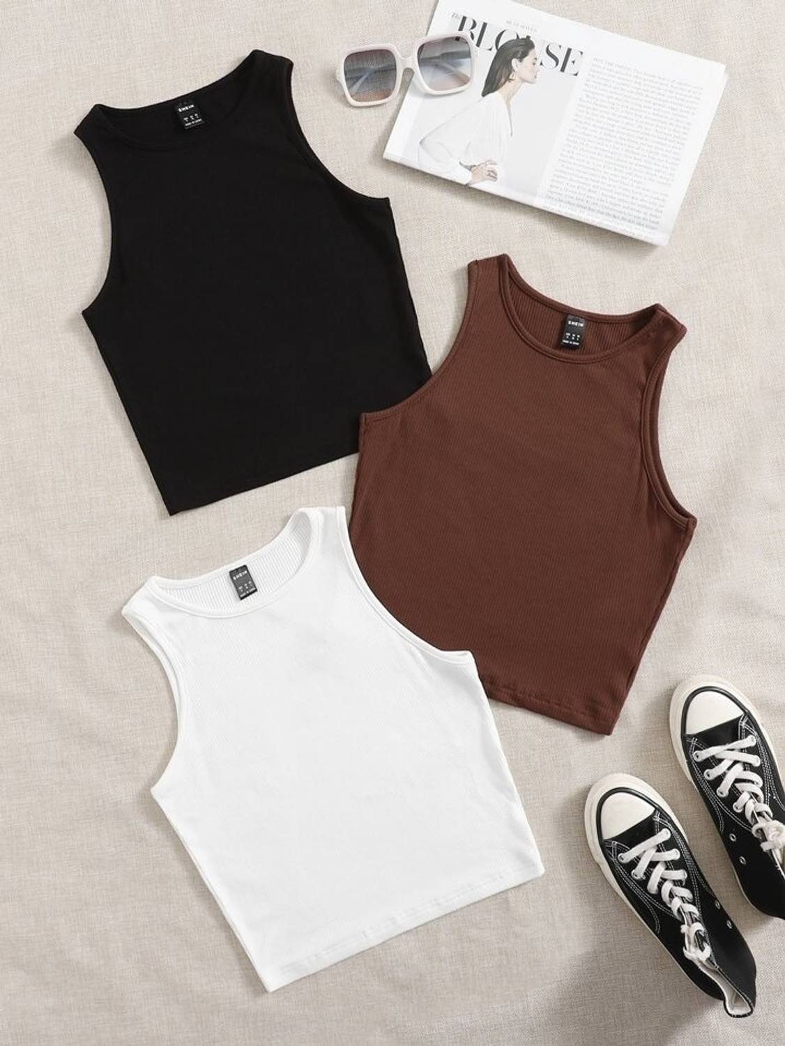 Preeo Pack of 3 Casual Sleeveless Solid Women Black, White, Brown Top