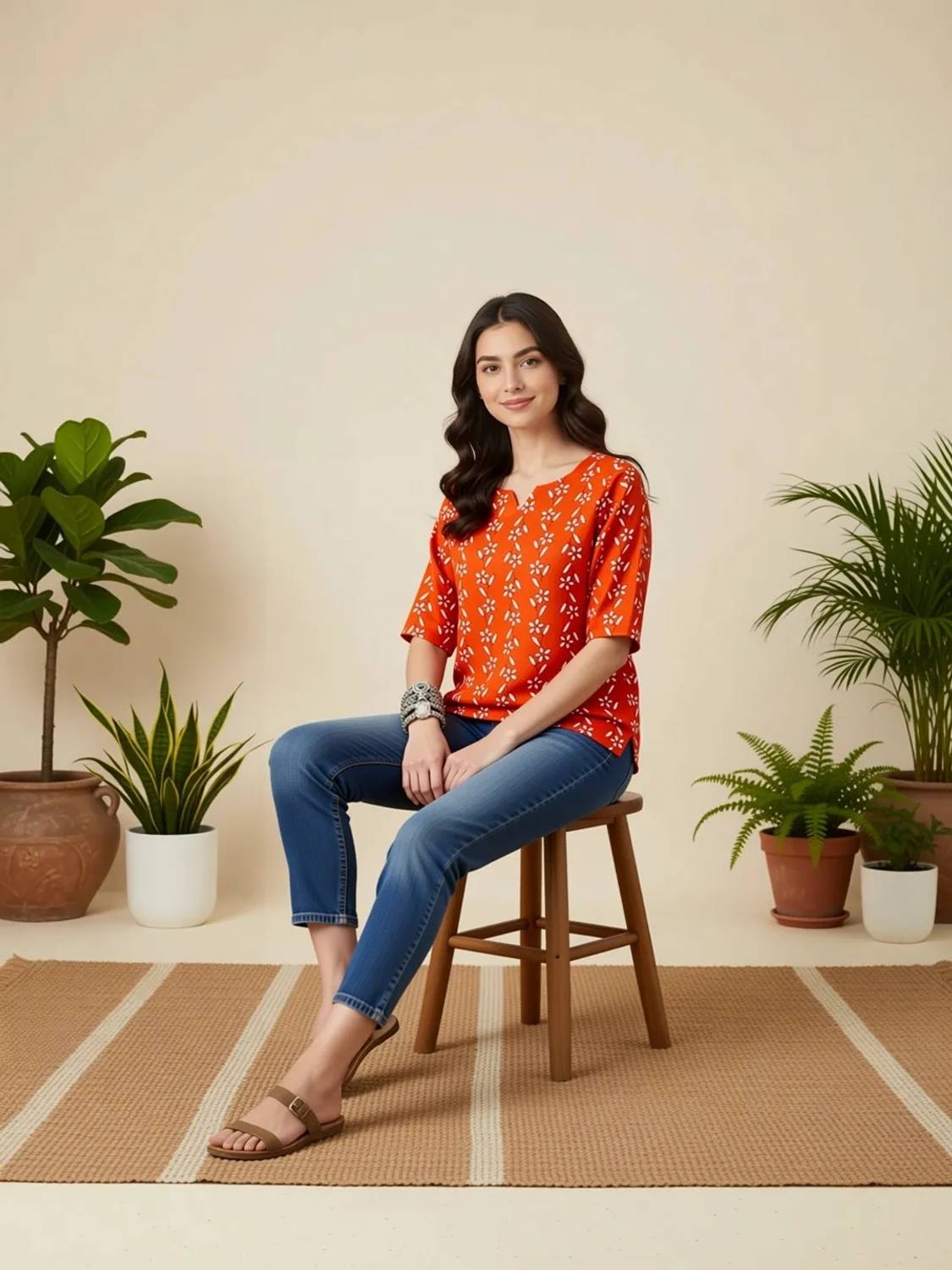 Ethnicbasket Casual Printed Women Orange Top