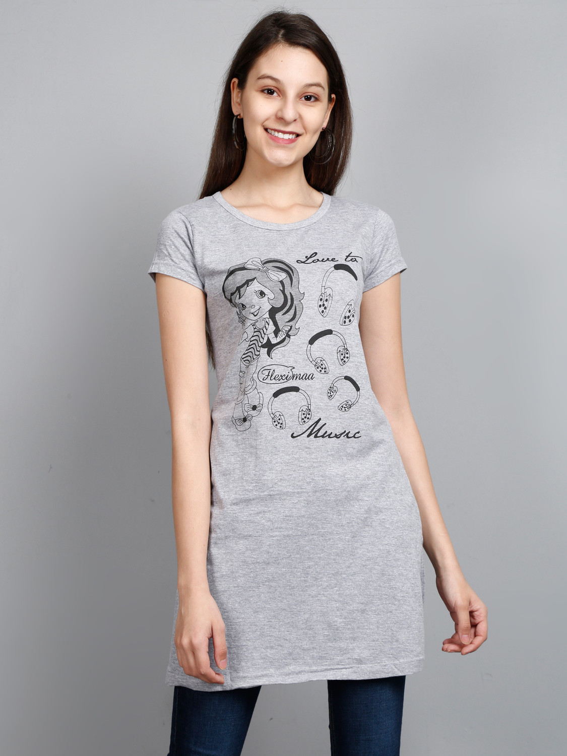 Image of Fleximaa Casual Regular Sleeve Printed Women Grey Top
