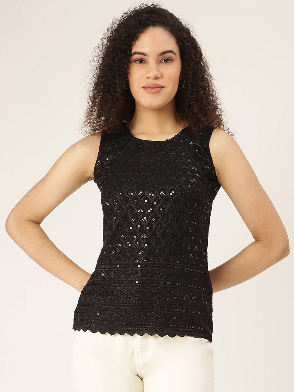 BRINNS Casual Embellished Women Black Top