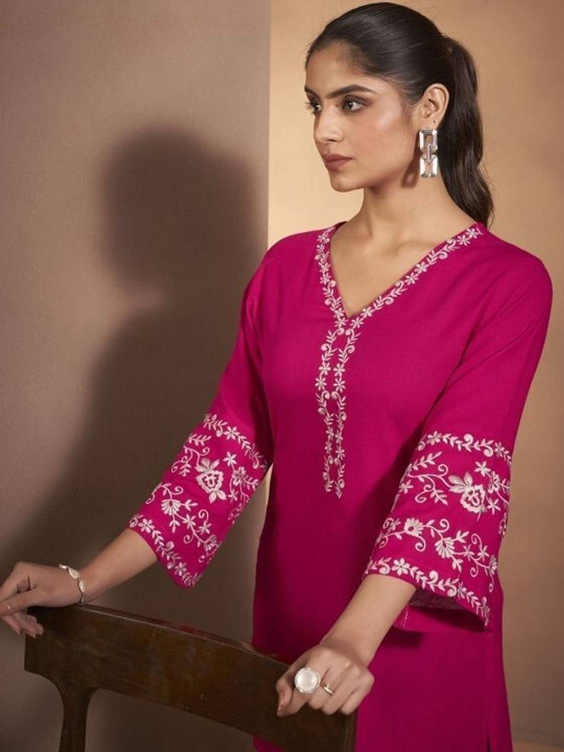Mahira's Comfort Women Embroidered Cotton Rayon A-line Kurta (Pin