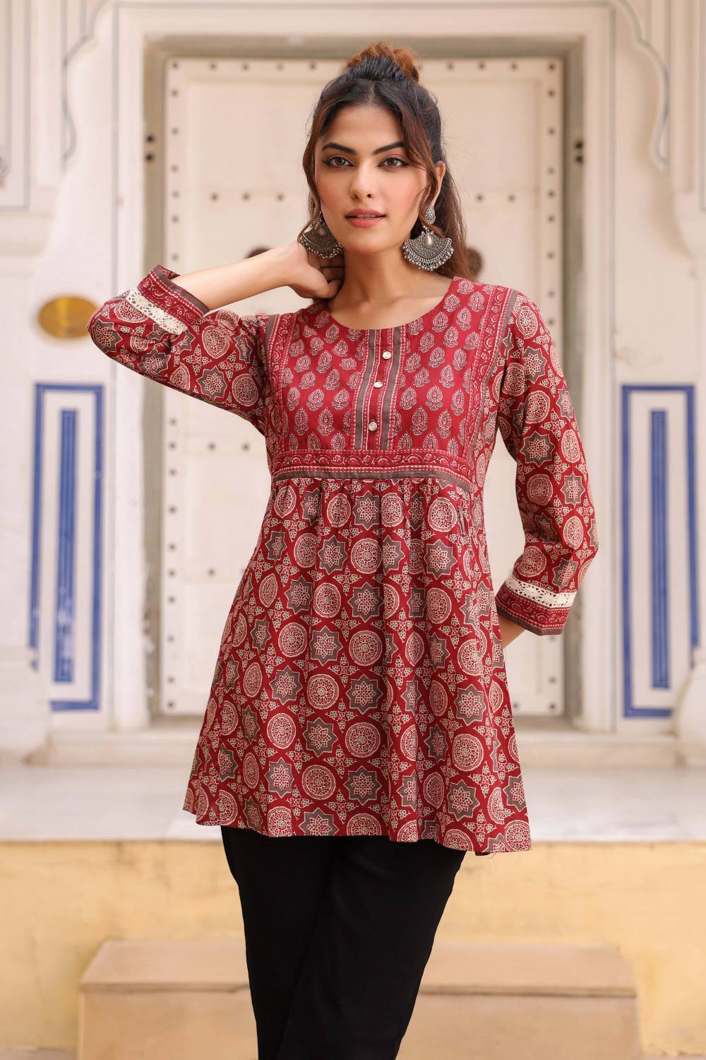 21 IKKIS Casual Printed, Ethnic Motifs Women Red Top - Buy 21