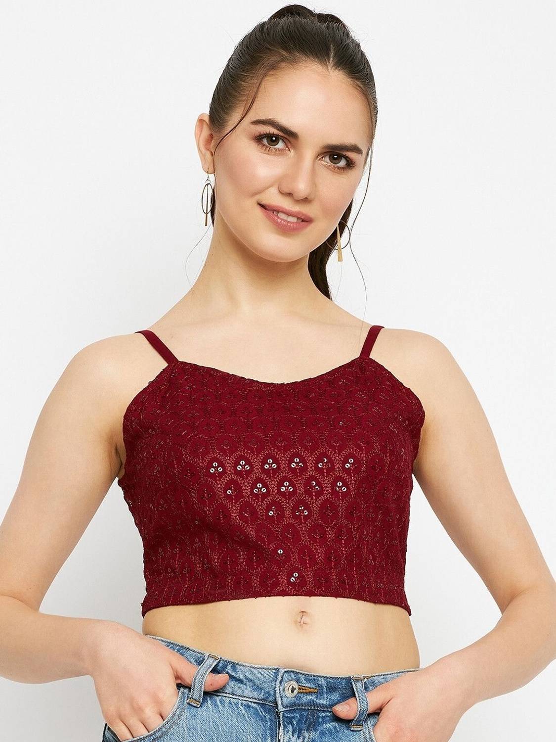 BRINNS Casual Embellished Women Maroon Top