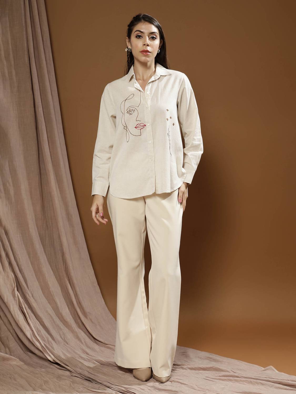 ATHENA Women Solid Casual Cream Shirt